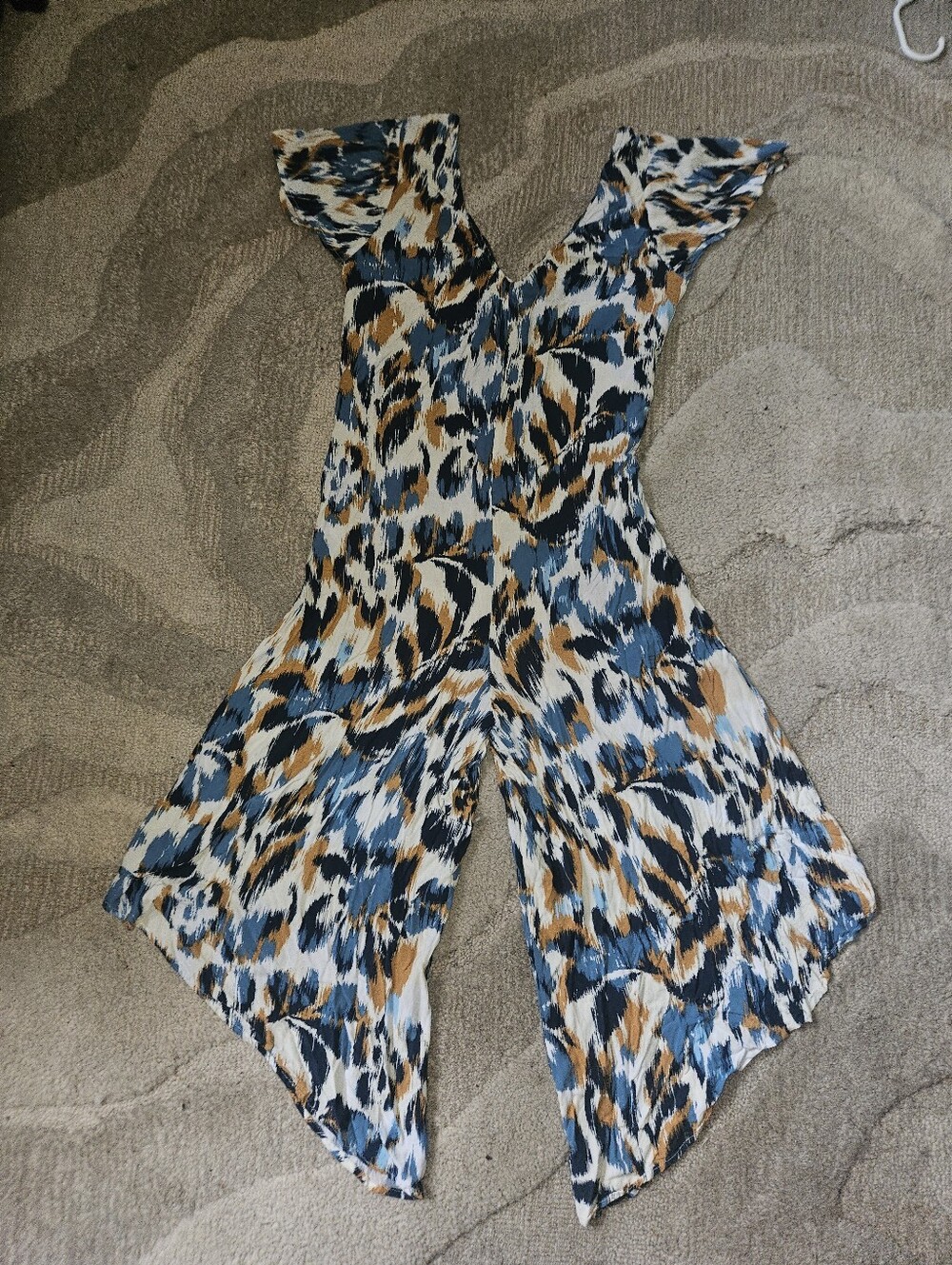 Sleeveless Blue, Tan & Black Printed Wide-Leg Jumpsuit